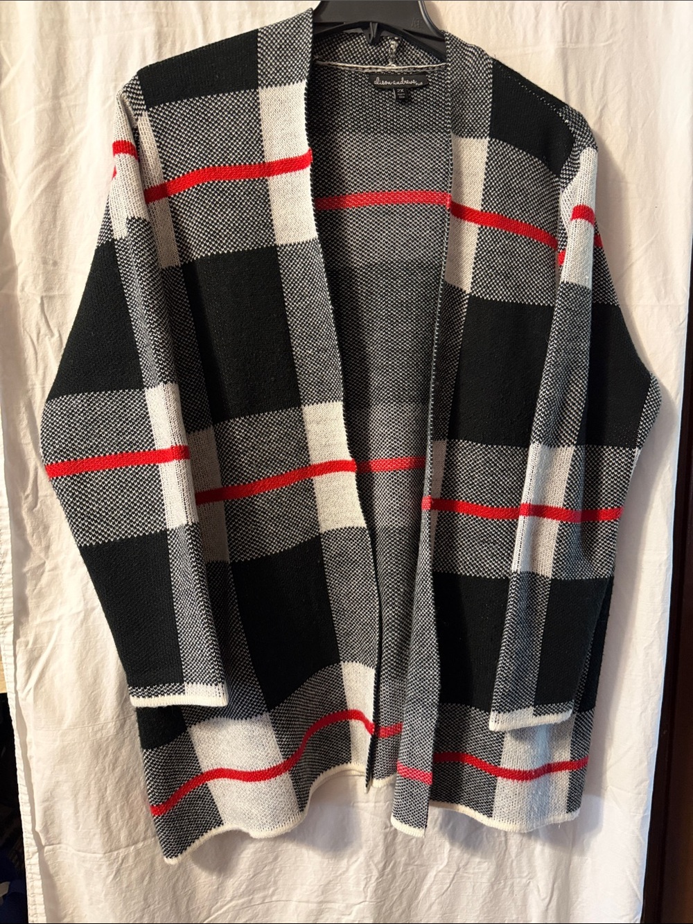 Black & Gray Plaid Open-Front Women’s Sweater Cardigan with Red Accents